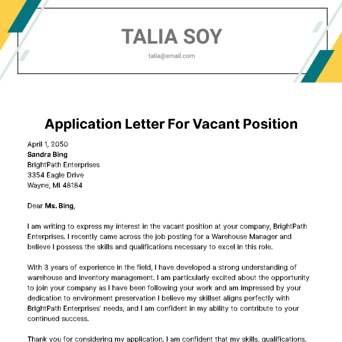 Free Application Letter for Vacant Position Template