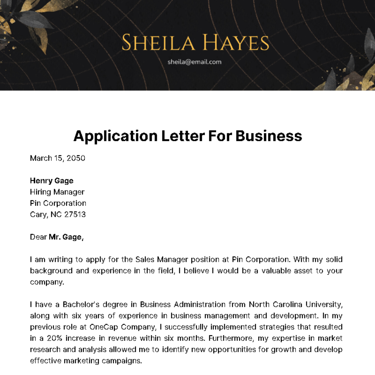 Free Application Letter for Business Template