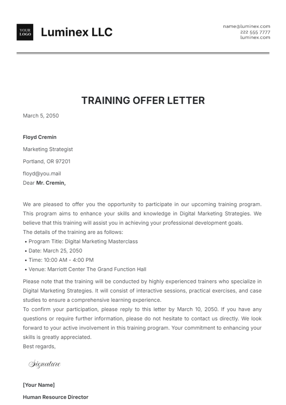 Training Offer Letter Template