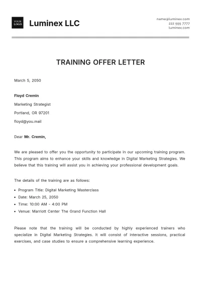 Free Training Offer Letter Template to Edit Online