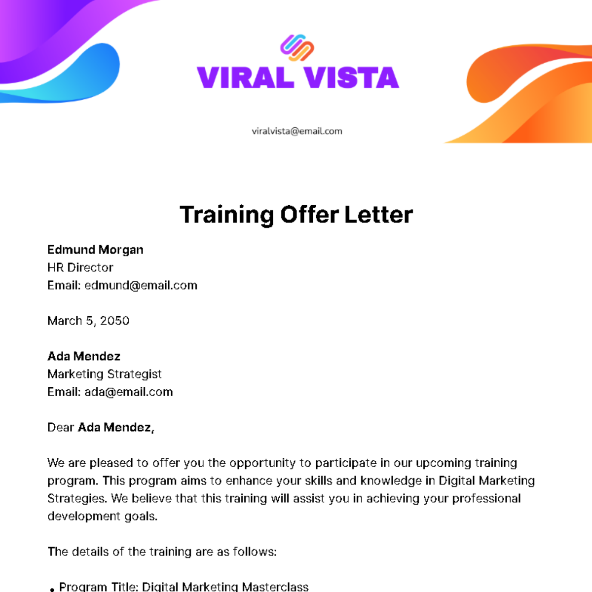 Training Offer Letter Template