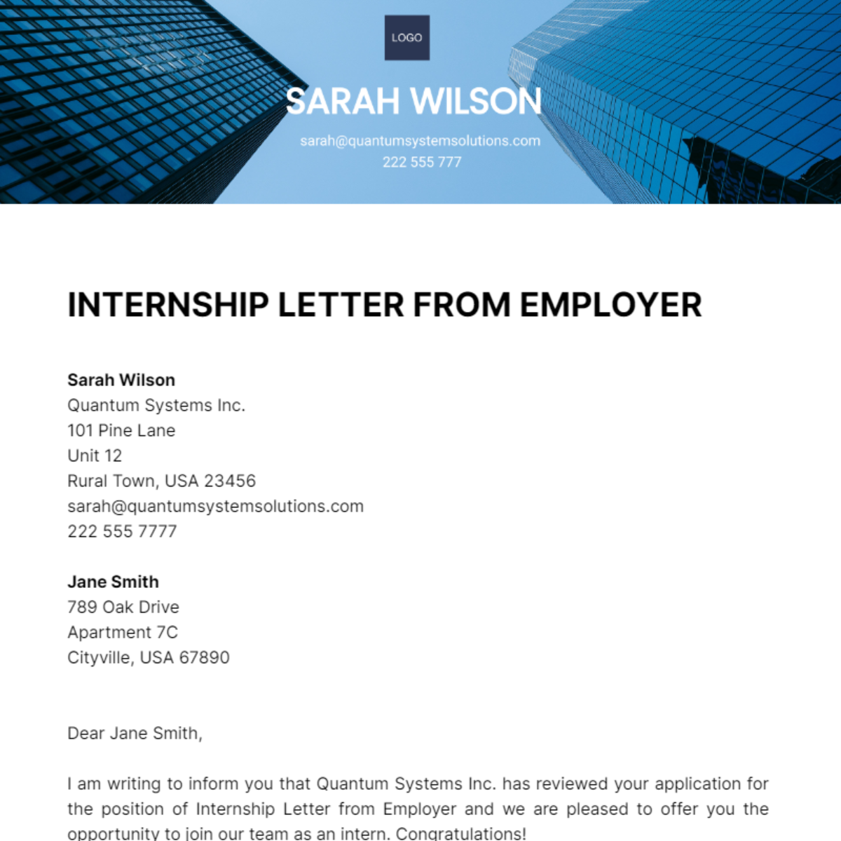 Free Internship Letter From Employer Template