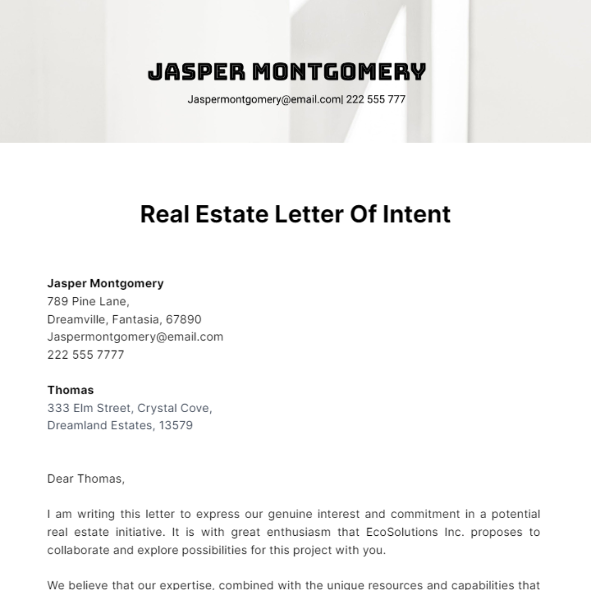 Real Estate Letter Of Intent Template