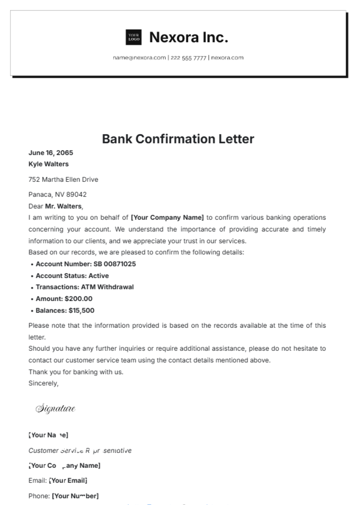 Bank Confirmation Letter Template