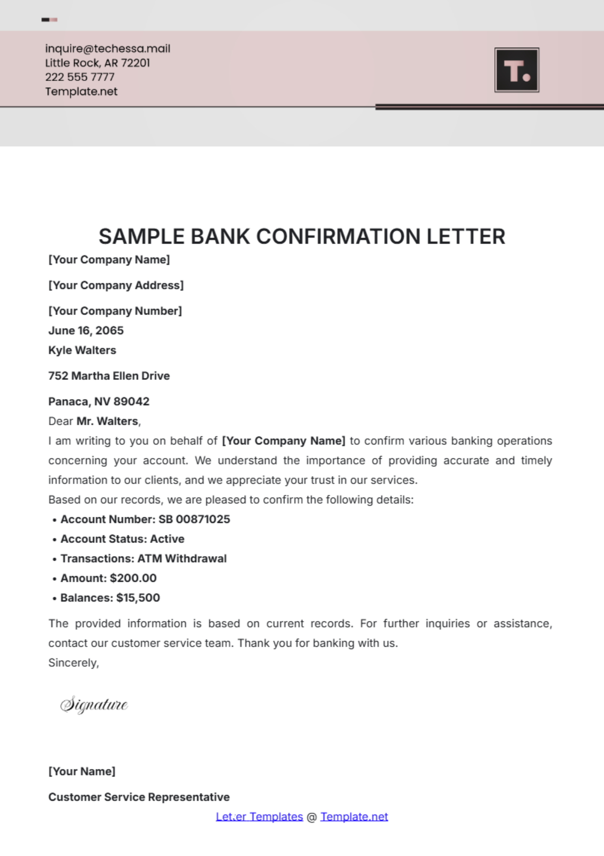 Sample Bank Confirmation Letter Template - Edit Online & Download