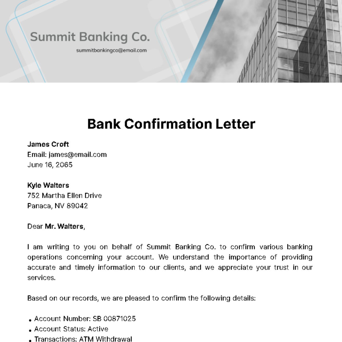 Bank Confirmation Letter Template