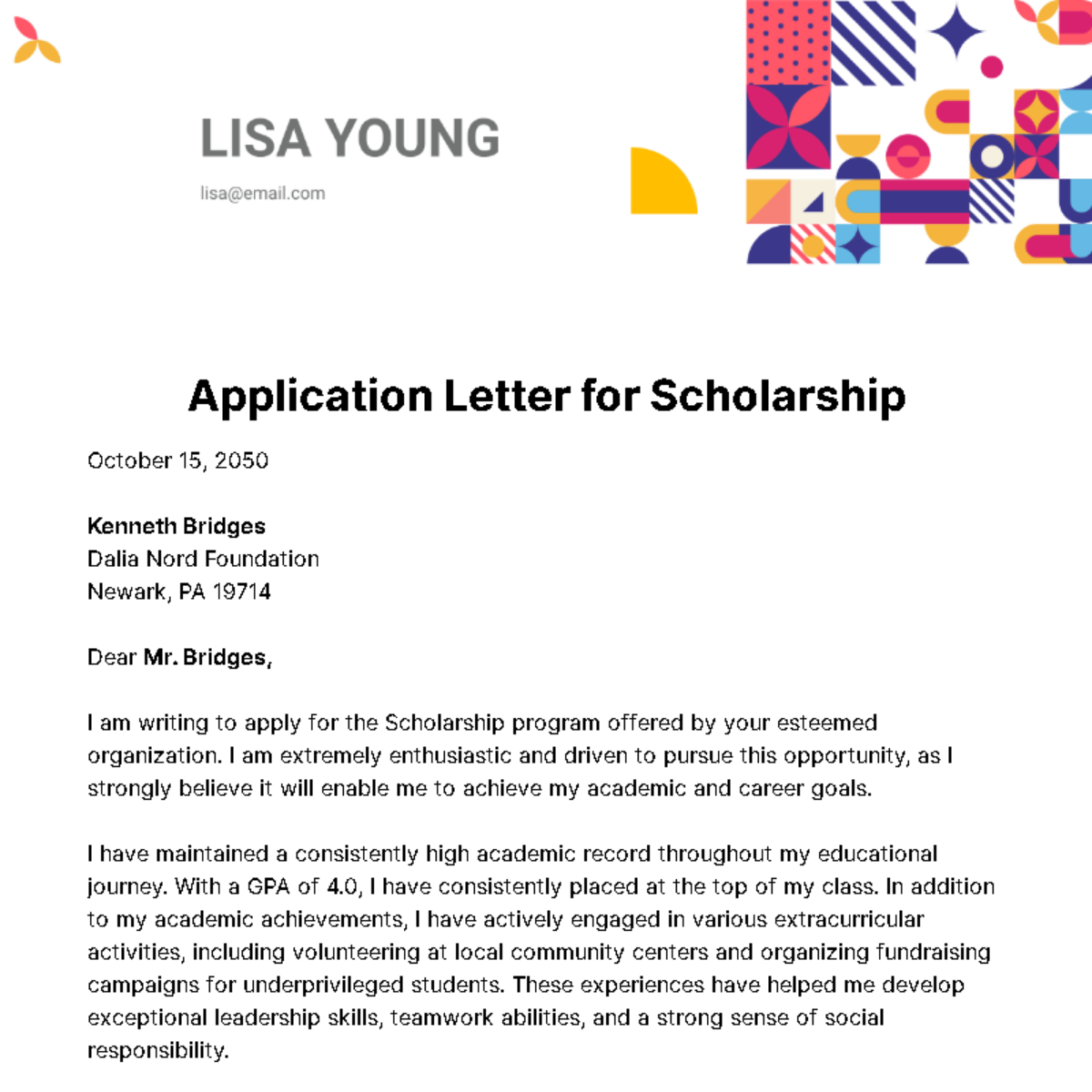 Free Application Letter for Scholarship Template