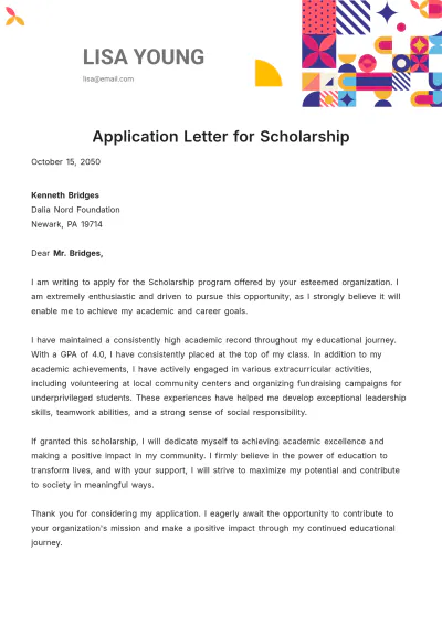 Free Application Letter for Scholarship Template to Edit Online