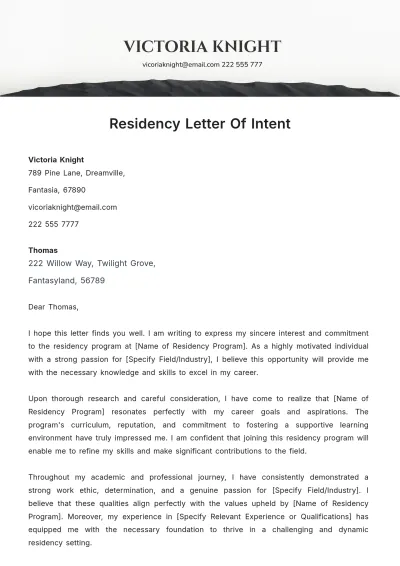 Free Residency Letter Of Intent Template to Edit Online