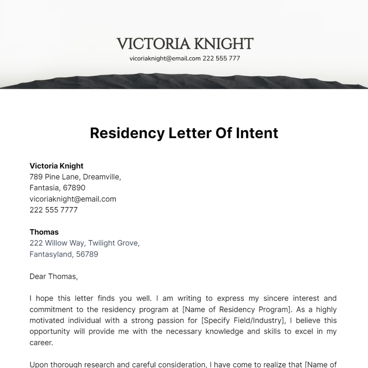 Residency Letter Of Intent Template