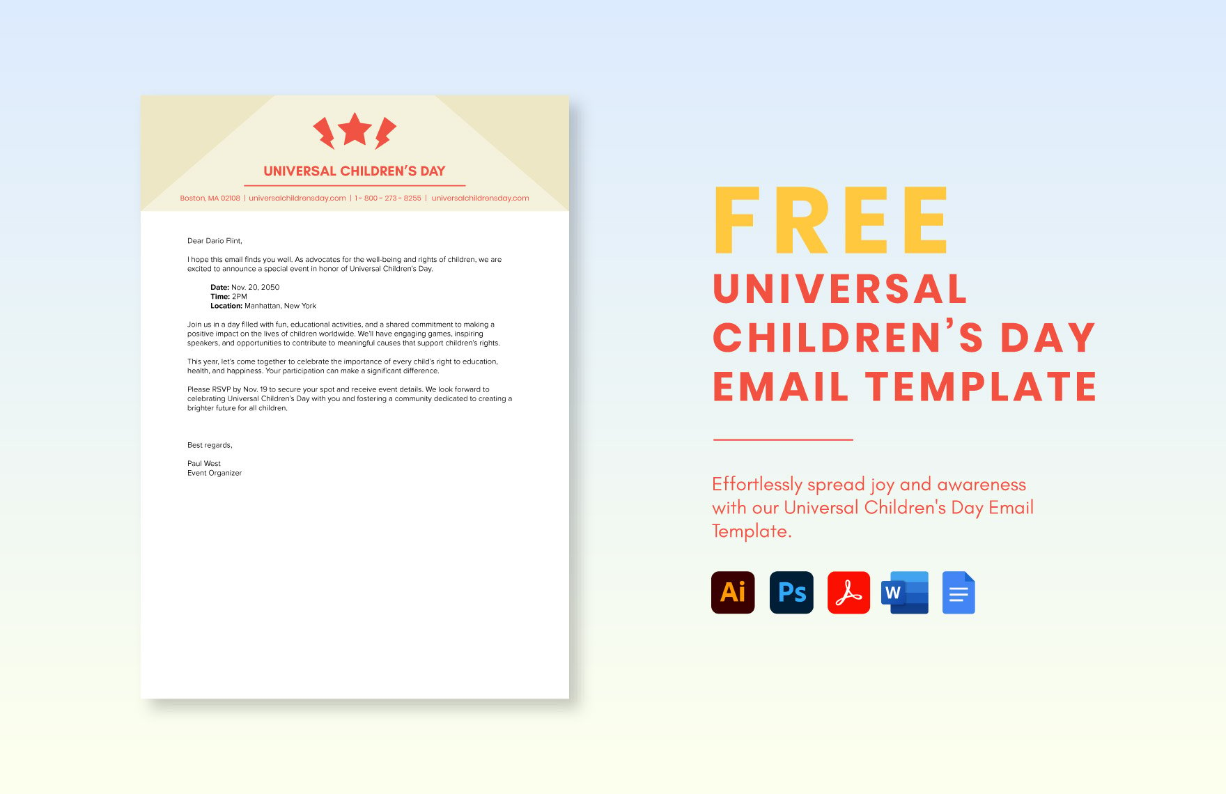Universal Children’s Day Email Template in Word, Google Docs, PDF, Illustrator, PSD