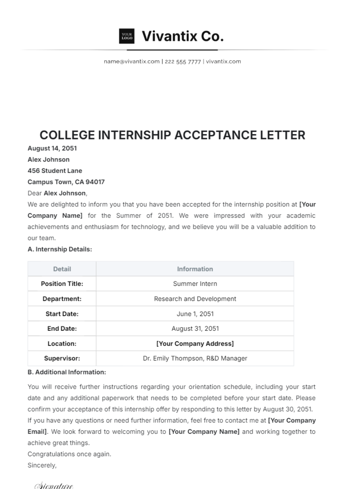 College Internship Acceptance Letter Template - Edit Online & Download