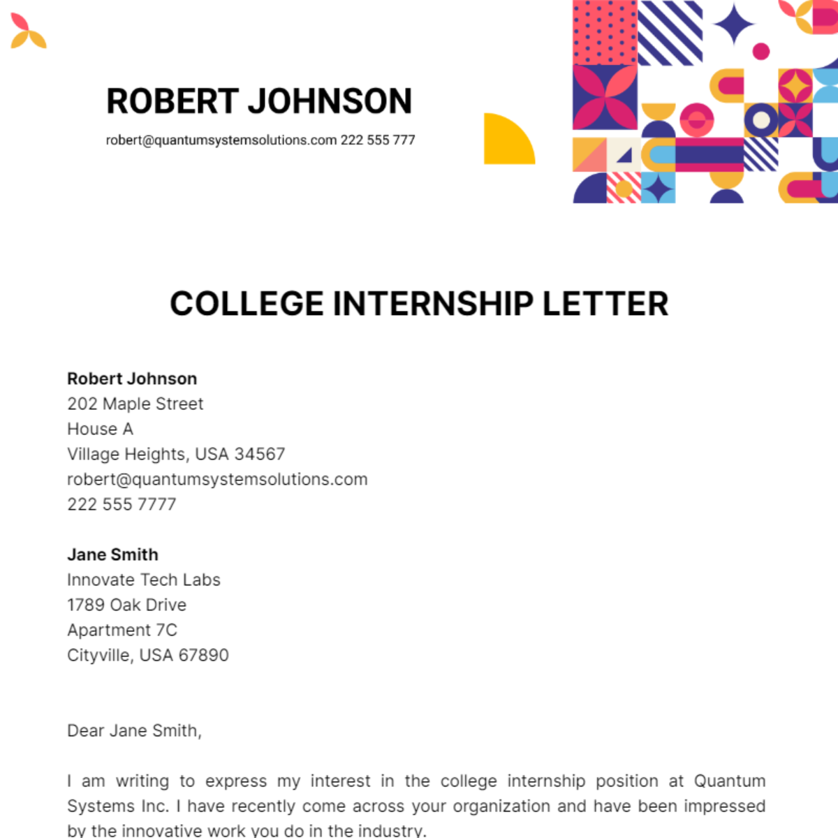 College Internship Letter Template