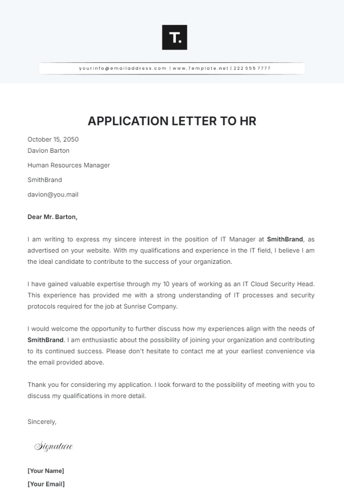 Application Letter to HR Template - Edit Online & Download