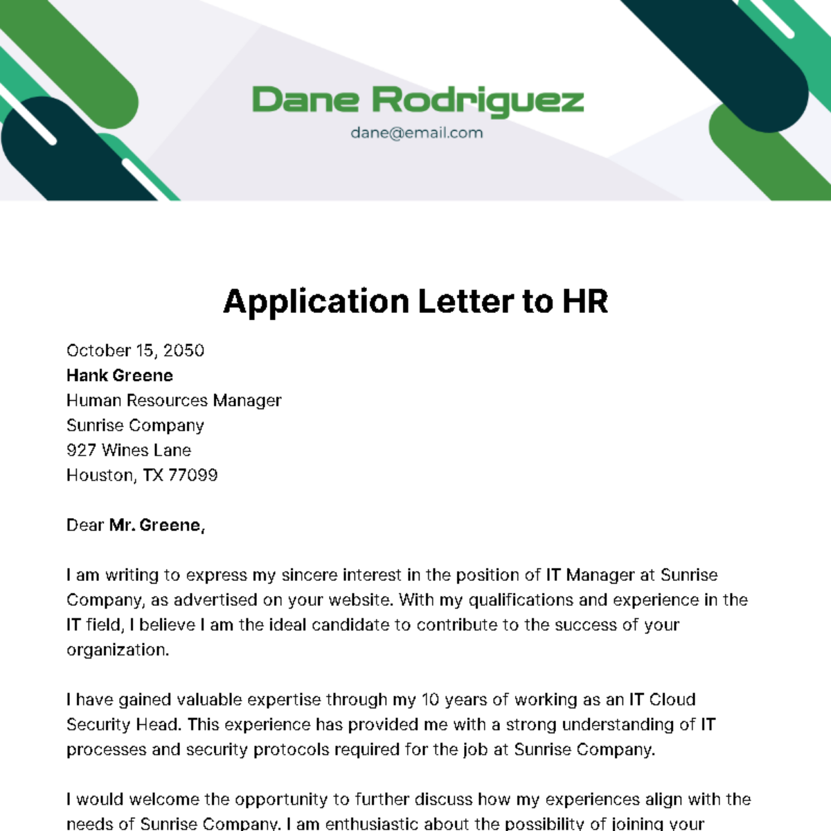 Free Application Letter to HR Template