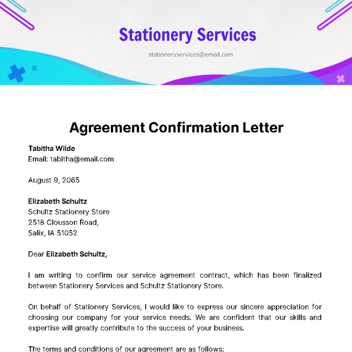Free Agreement Confirmation Letter Template
