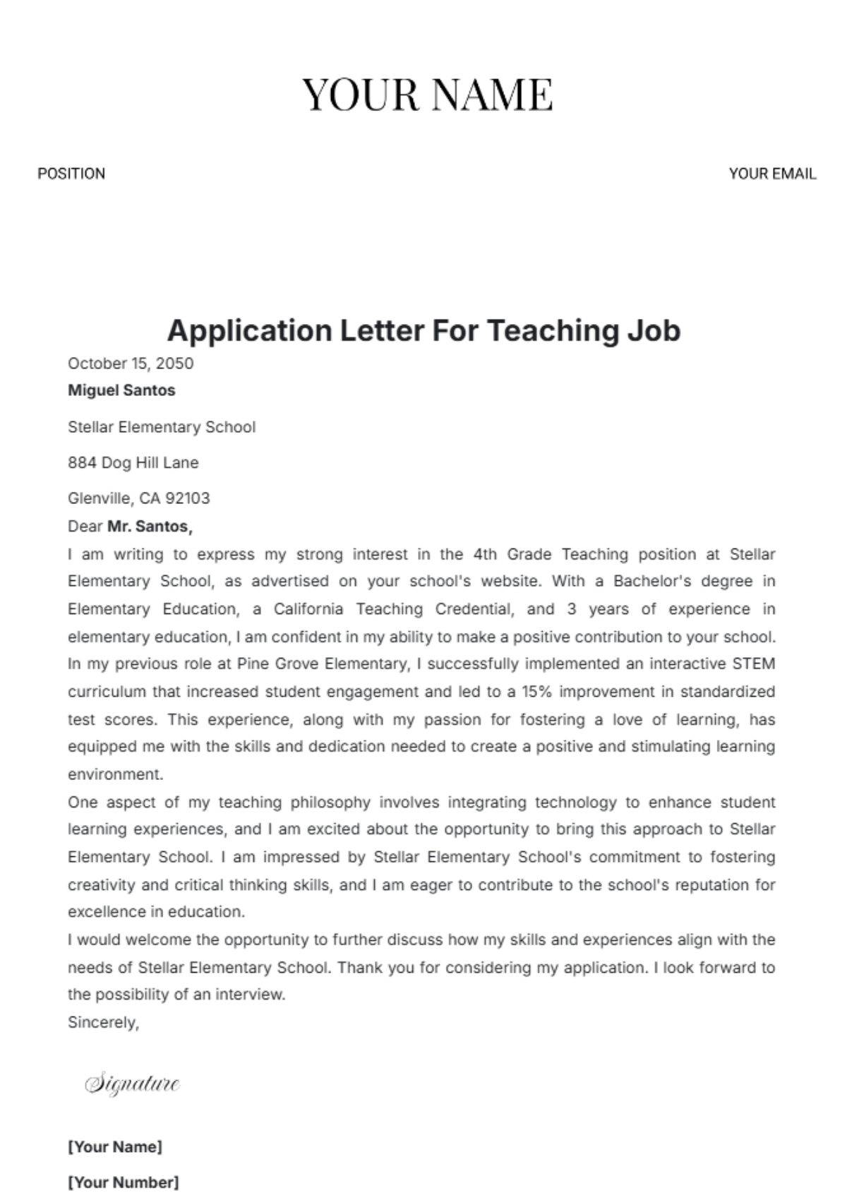 Application Letter for Teaching Job Template - Edit Online & Download