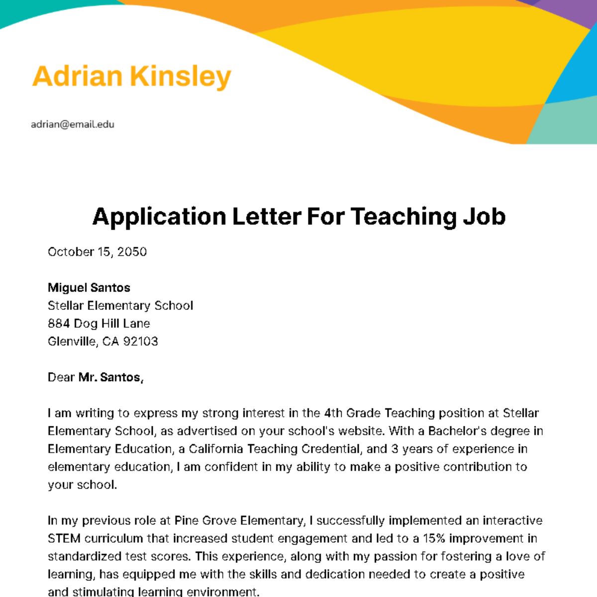 Free Application Letter for Teaching Job Template