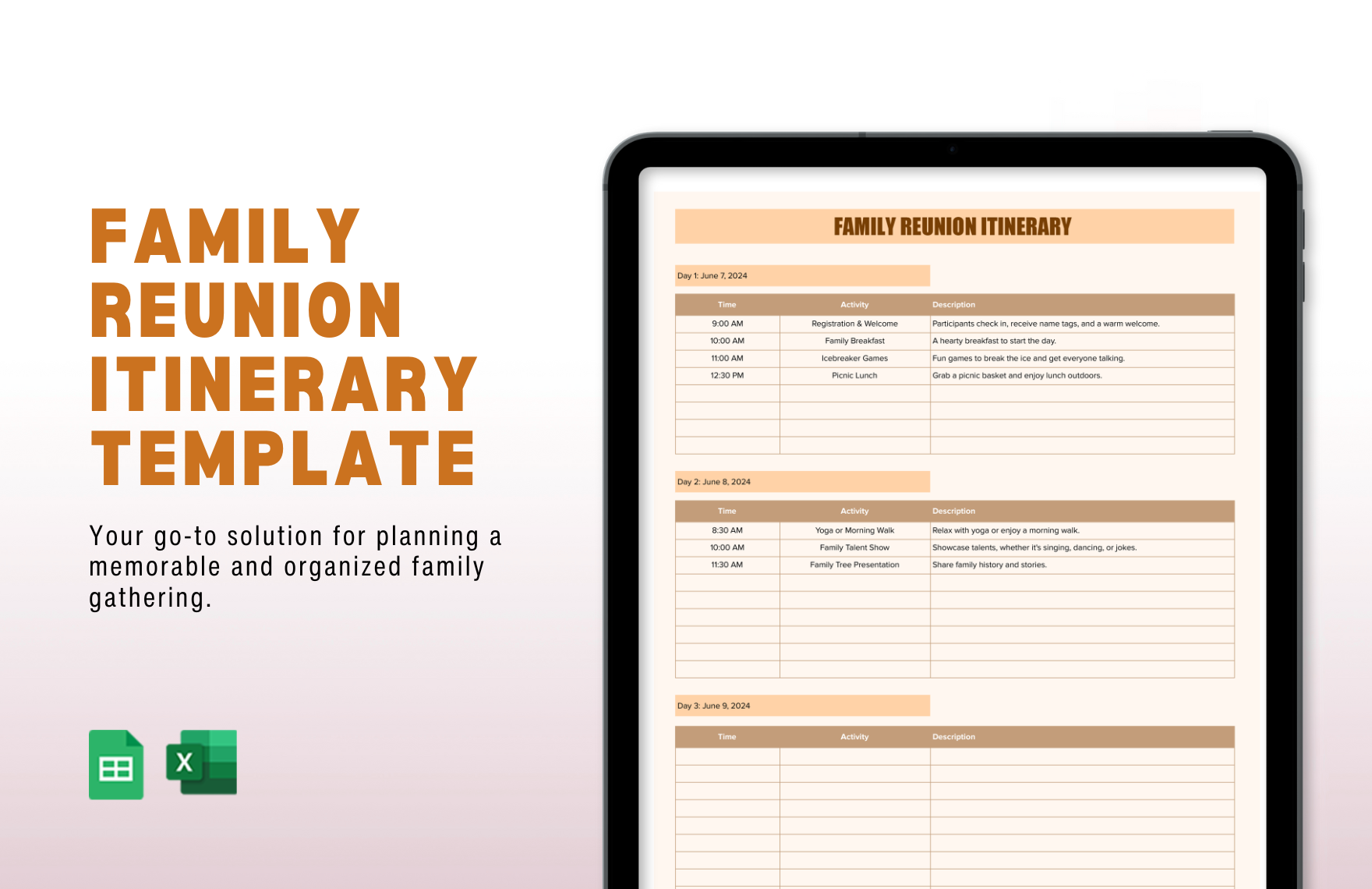 Free Family Reunion Itinerary Template in Excel, Google Sheets