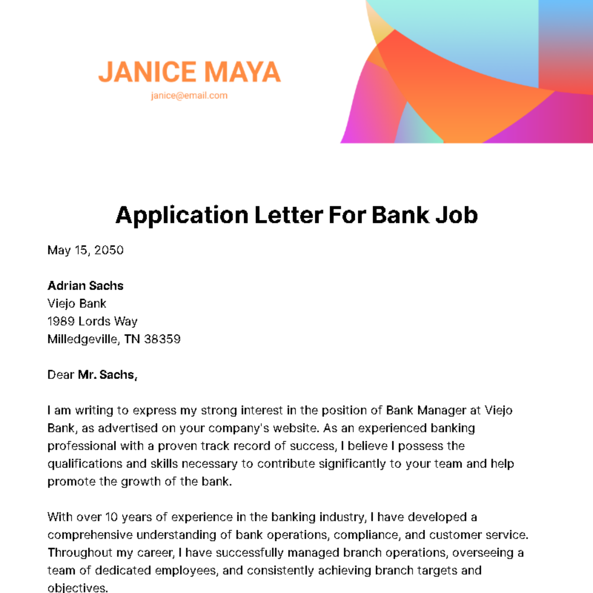 Free Application Letter for Bank Job Template