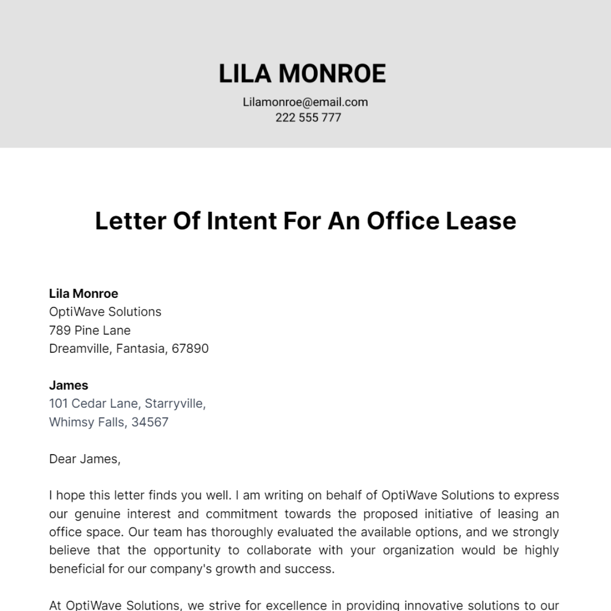 Letter of Intent for an Office Lease Template