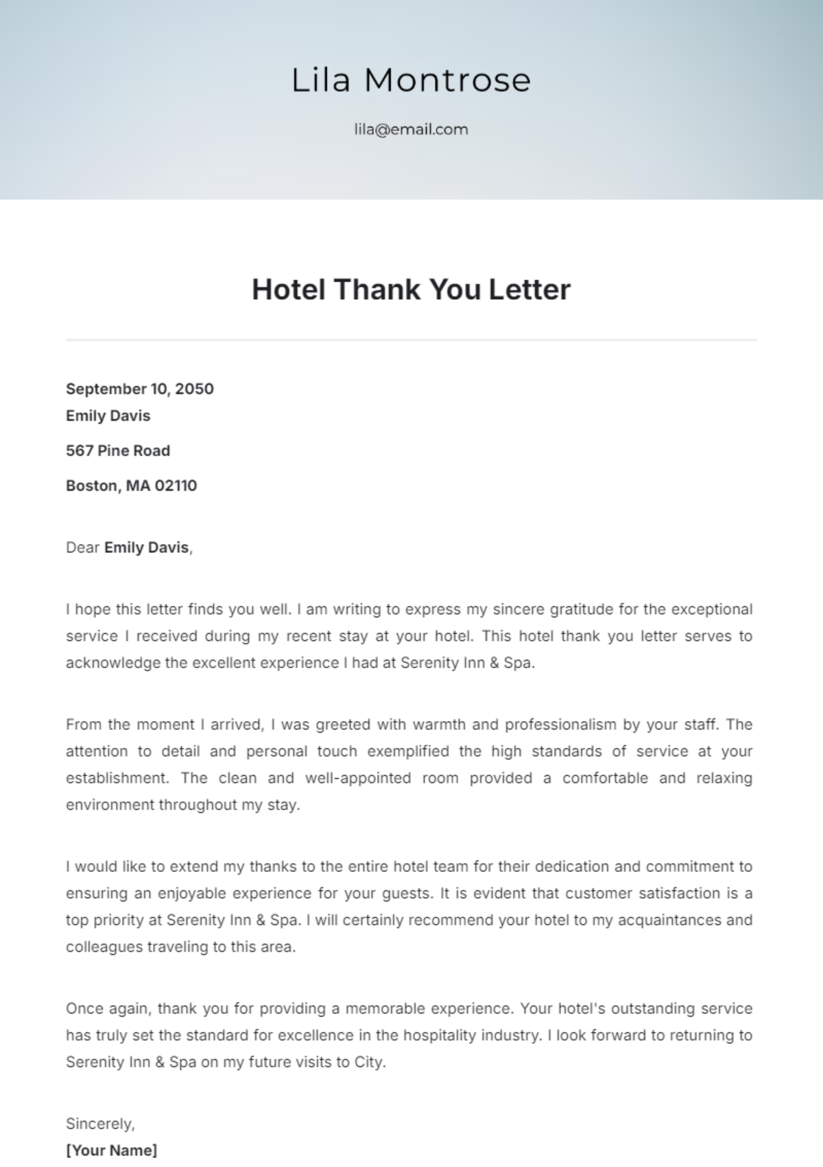 Hotel Thank You Letter Template Design - Edit Online & Download