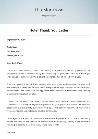 Free Hotel Thank You Letter Template Design to Edit Online