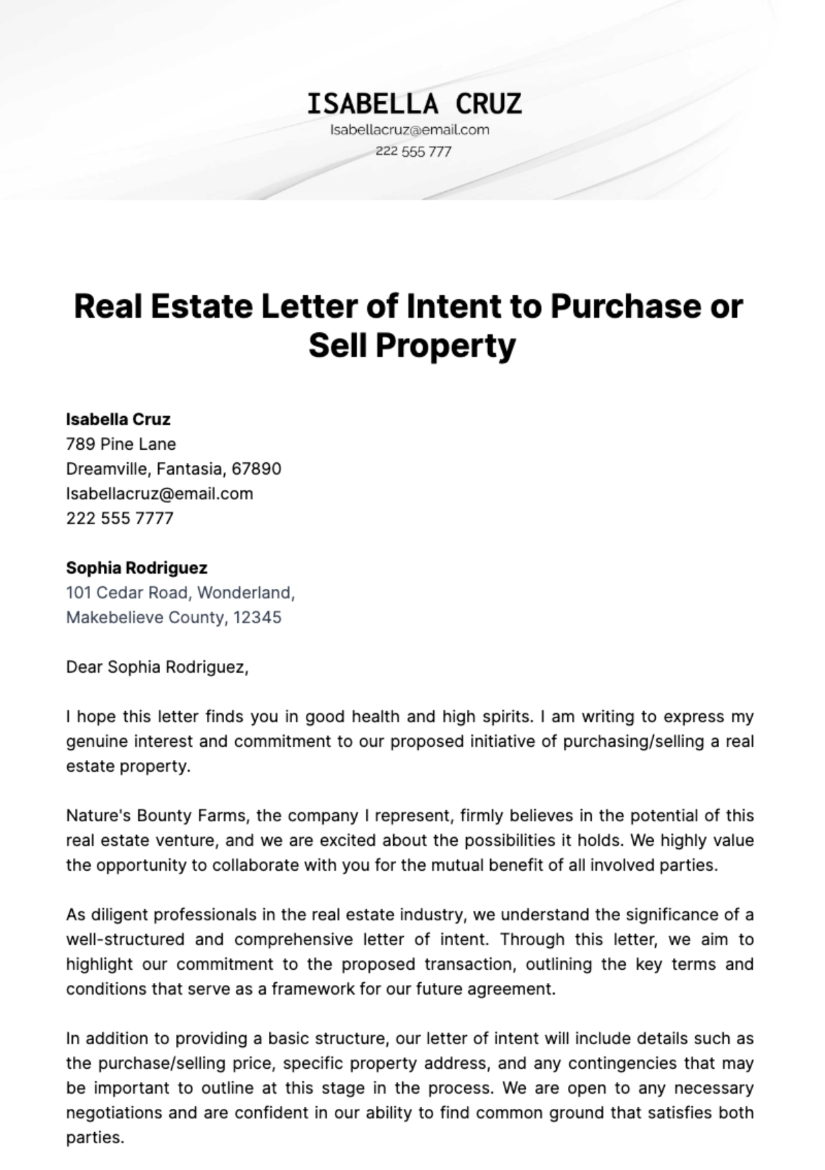 Free Real Estate Letter of Intent to Purchase or Sell Property Template