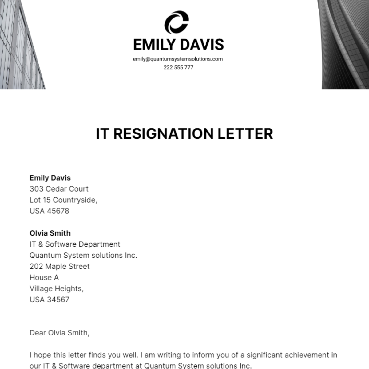 IT Resignation Letter Template