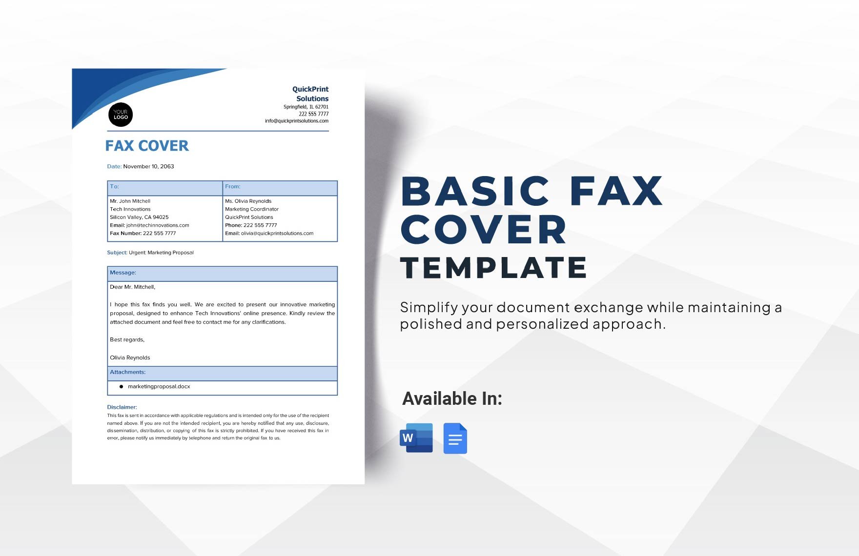 Basic Fax Cover Template in Word, Google Docs