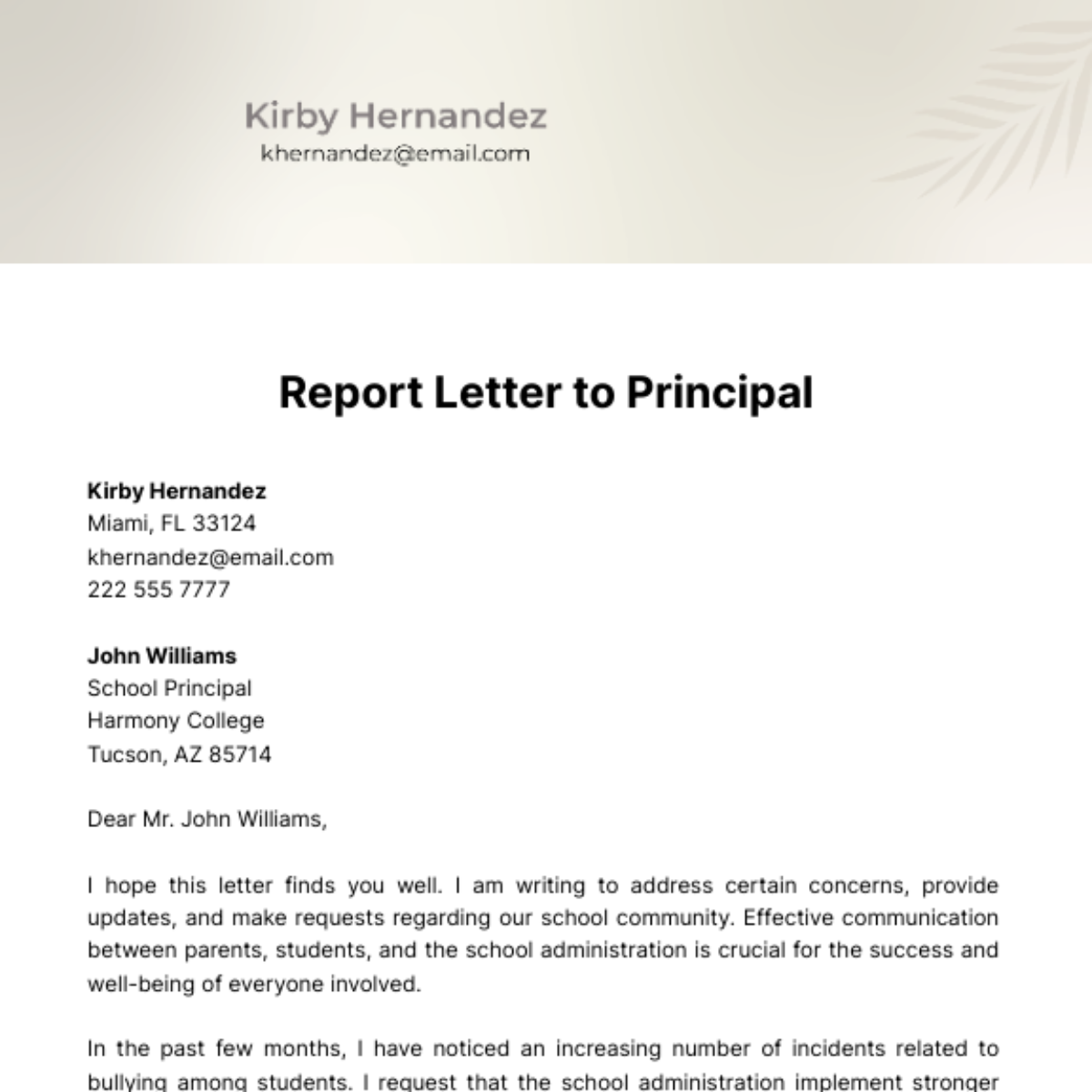 Report Letter to Principal Template