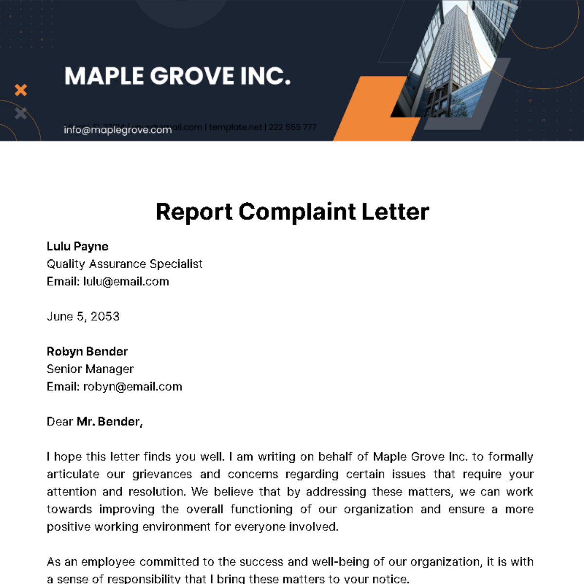 Report Complaint Letter Template