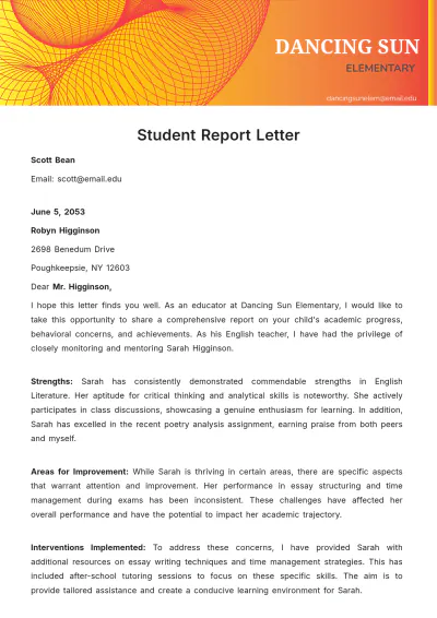 Free Student Report Letter Template to Edit Online