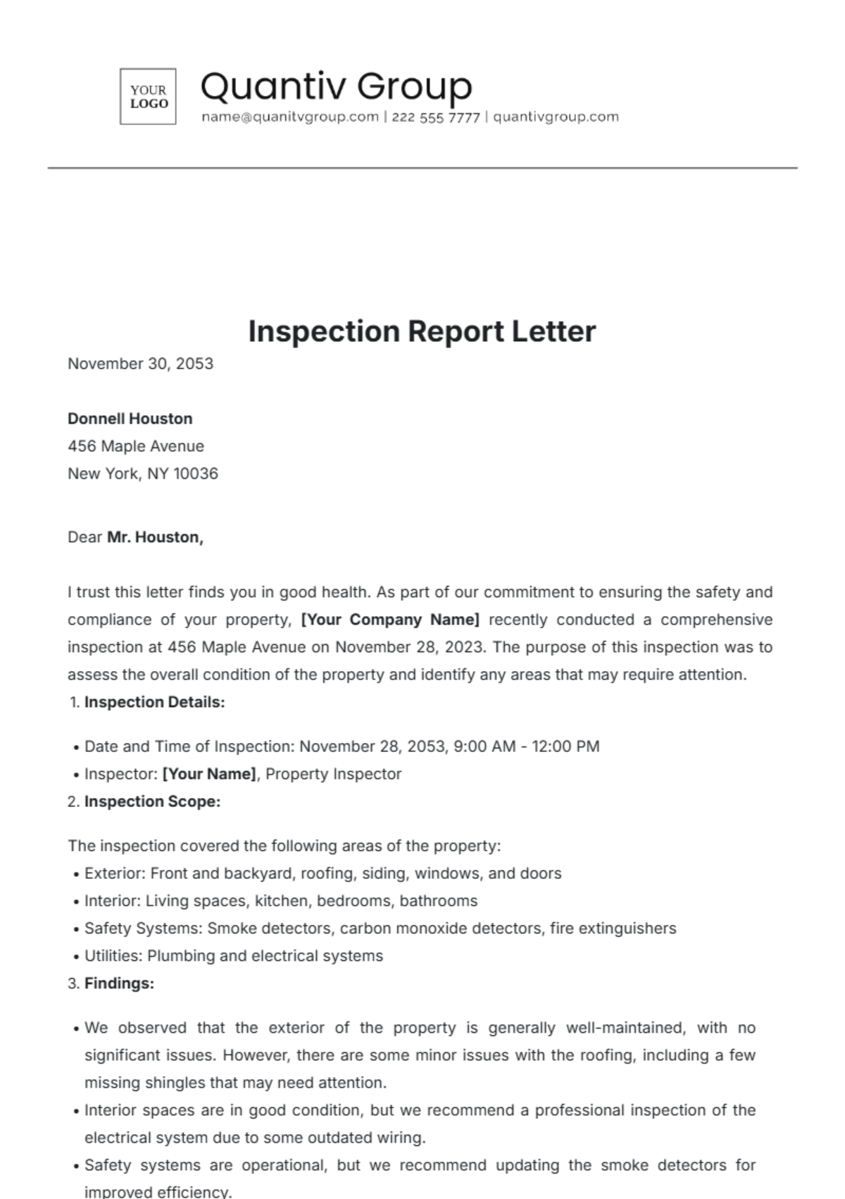 Inspection Report Letter Template - Edit Online & Download