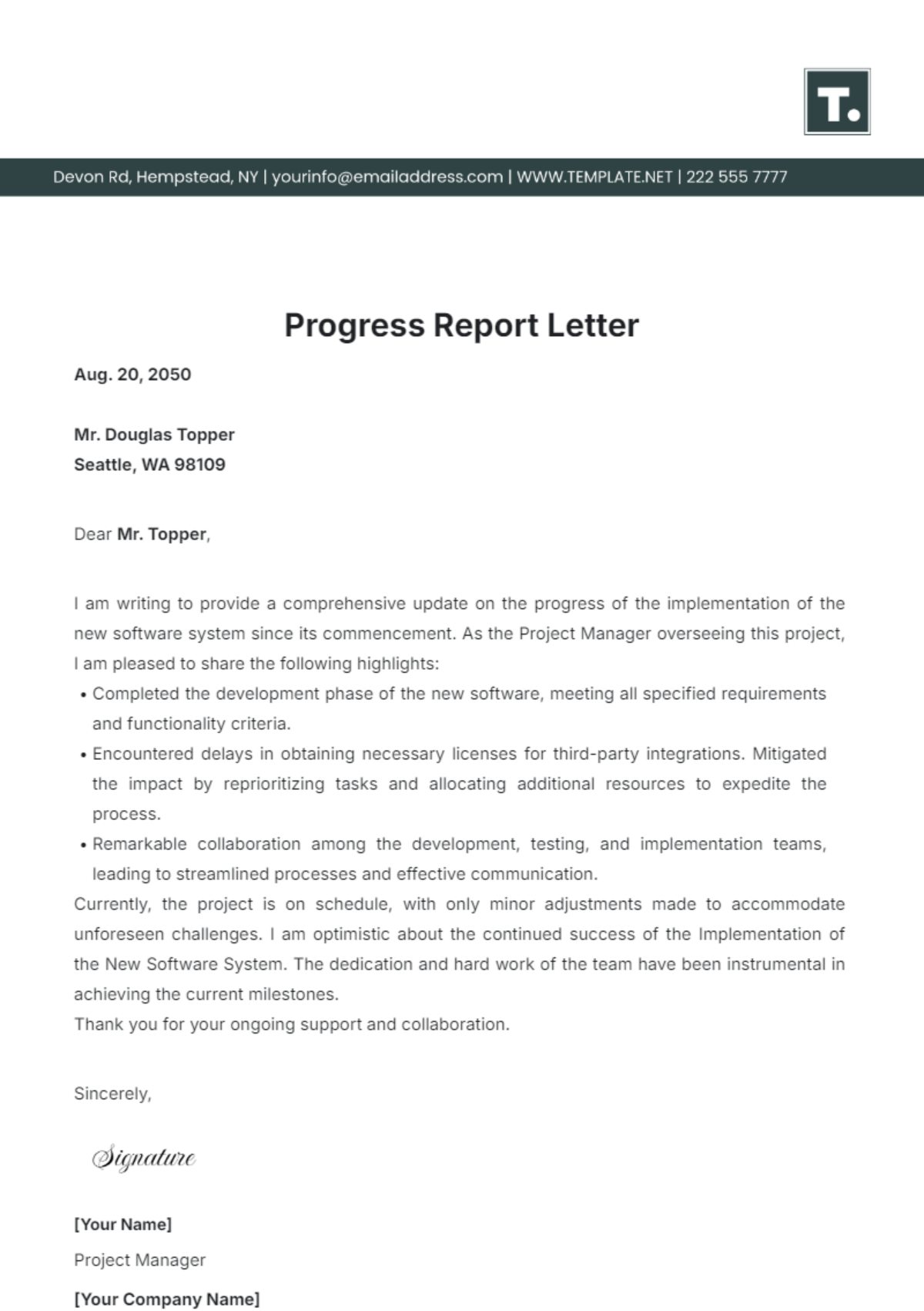 Progress Report Letter Template - Edit Online & Download