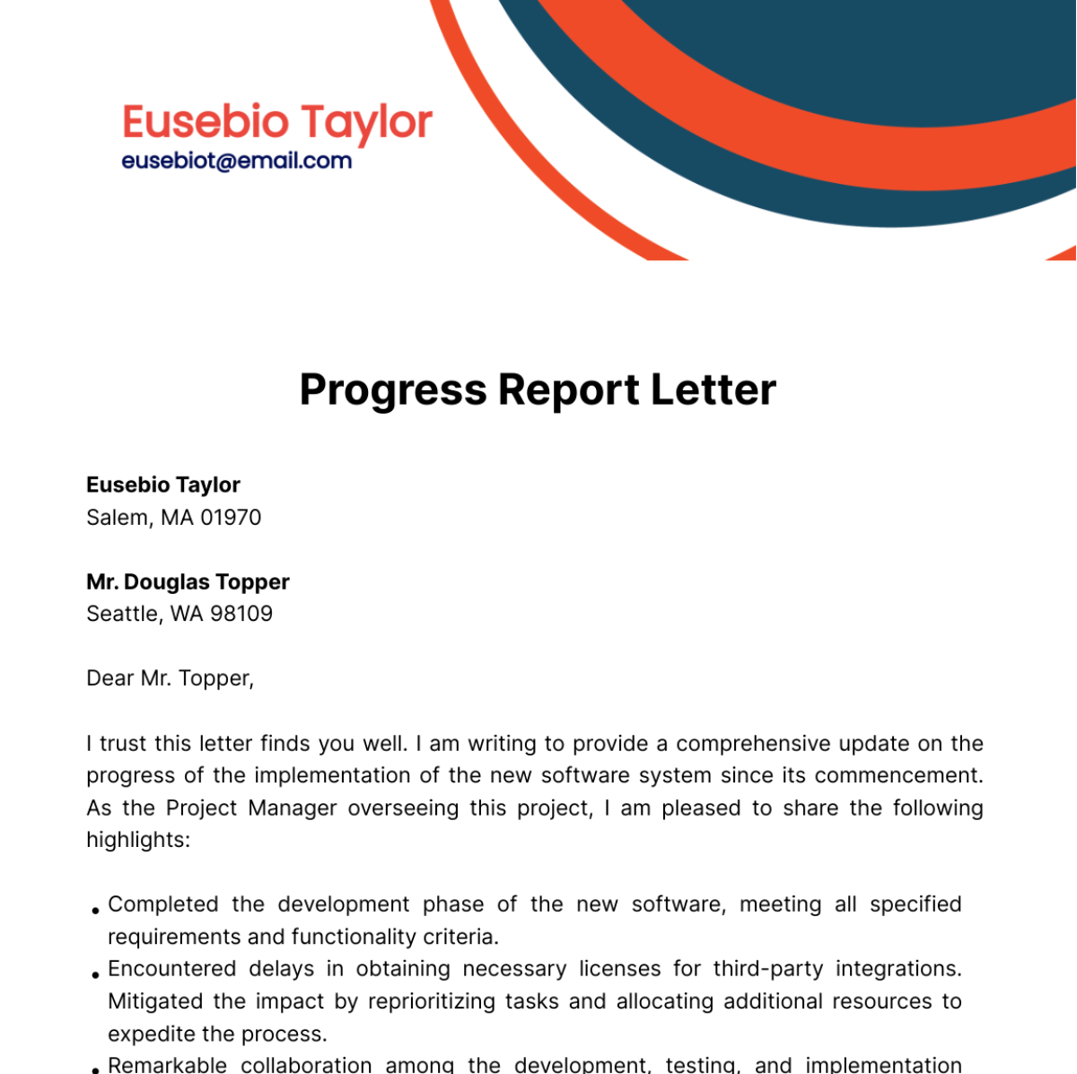 Progress Report Letter Template