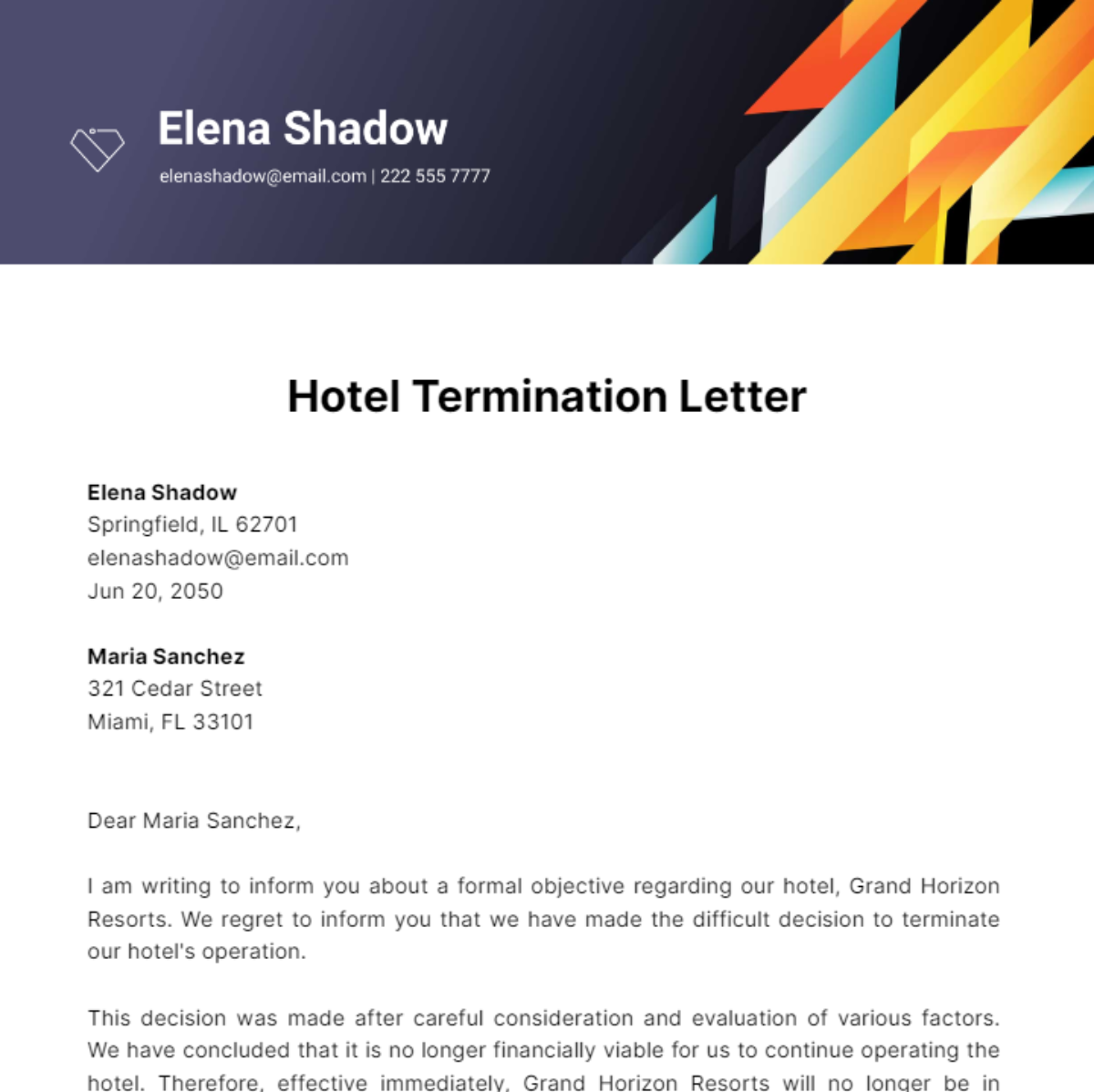 Hotel Termination Letter Template