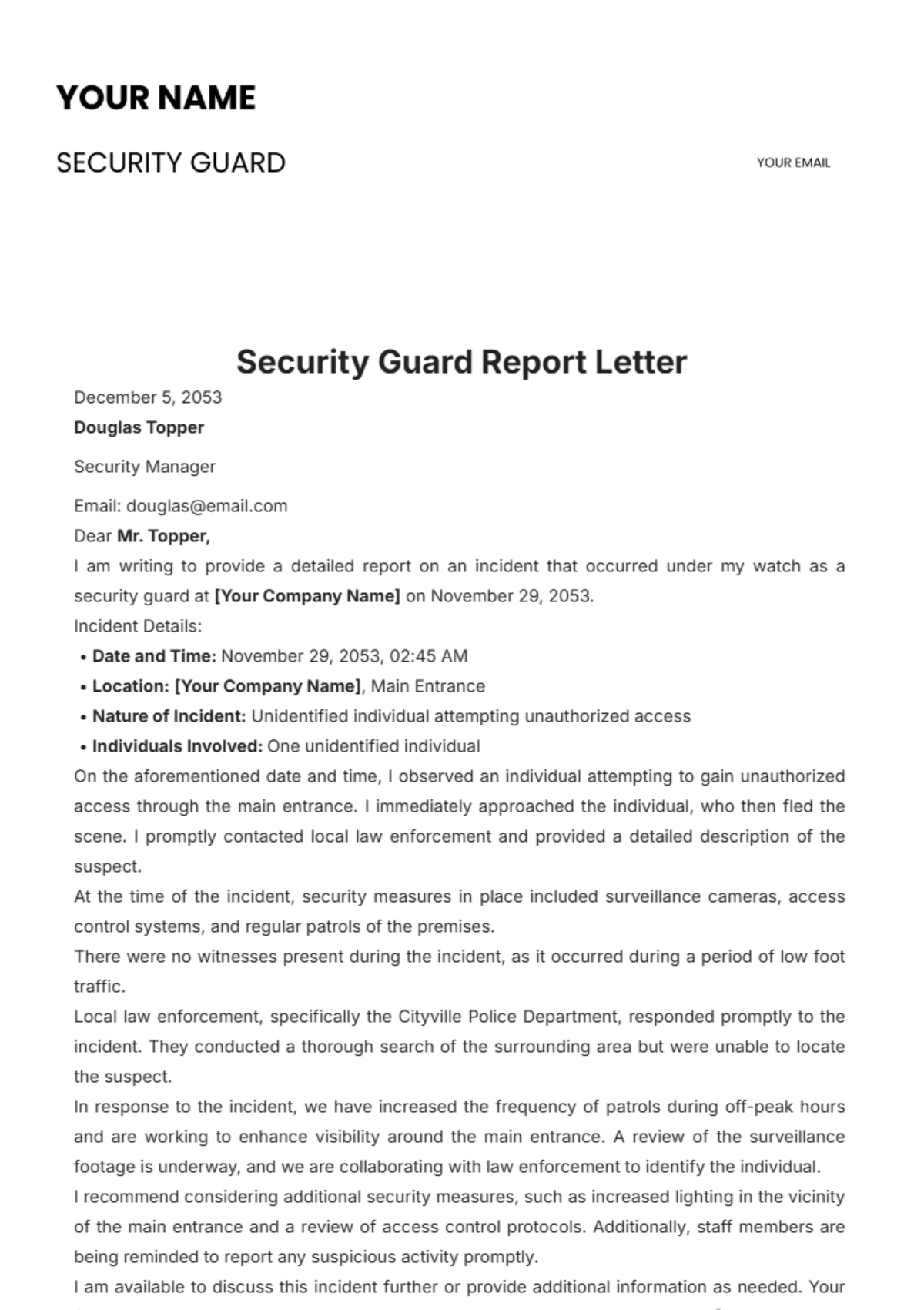 Security Guard Report Letter Template - Edit Online & Download