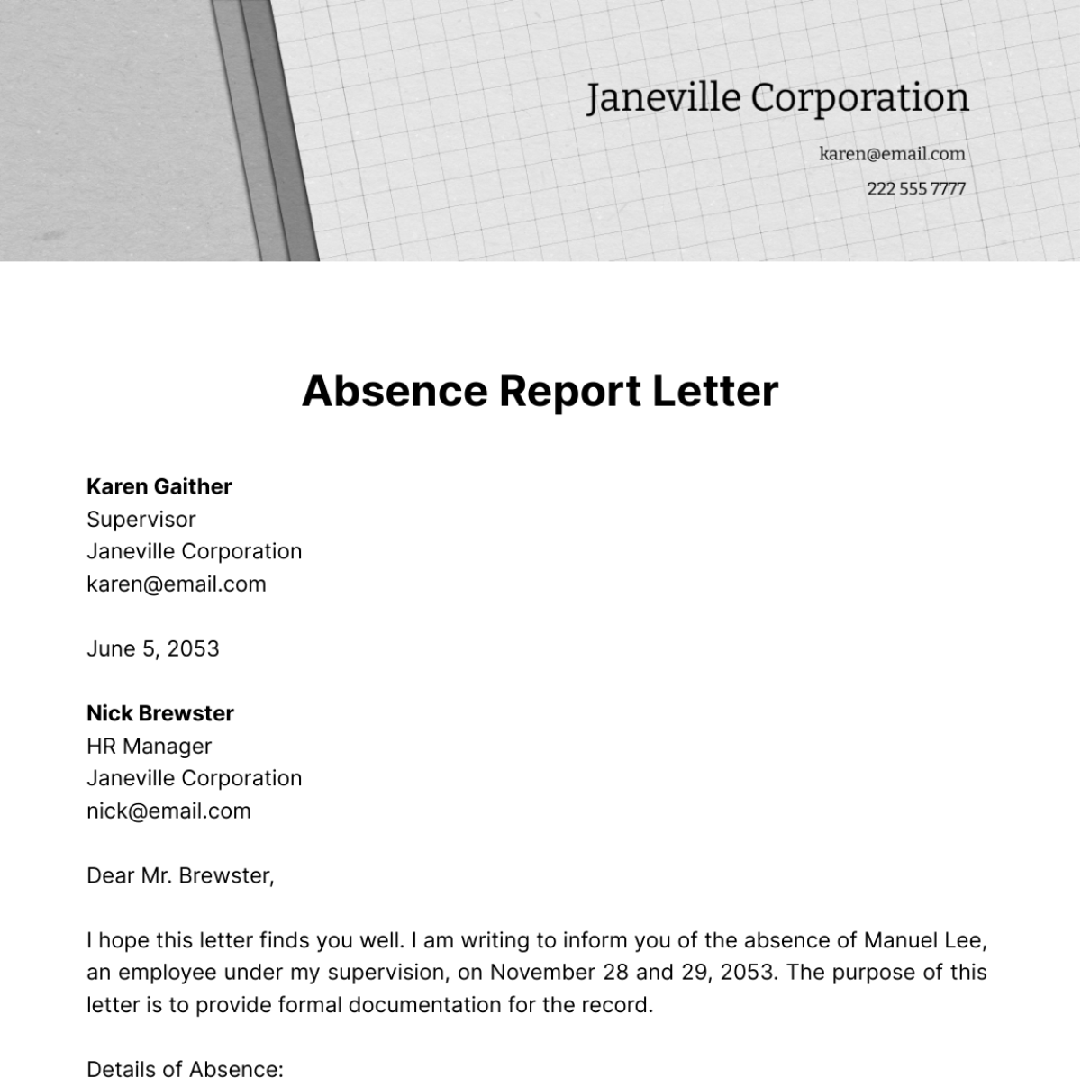 Absence Report Letter Template
