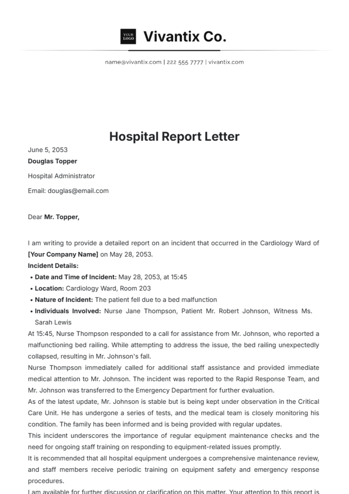 Hospital Report Letter Template - Edit Online & Download