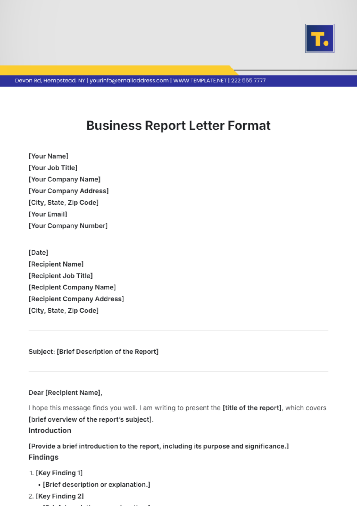 Business Report Letter Format Template - Edit Online & Download