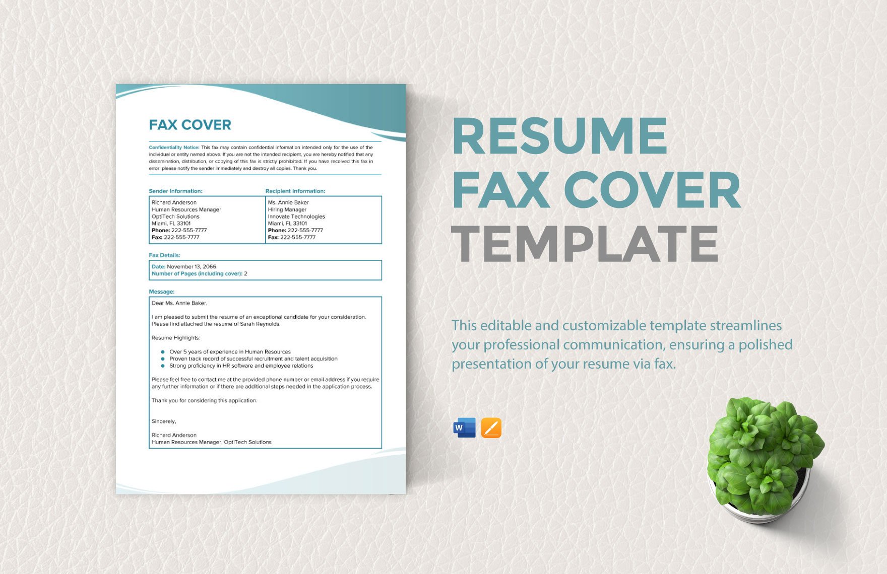 Resume Fax Cover Template in Word, Apple Pages