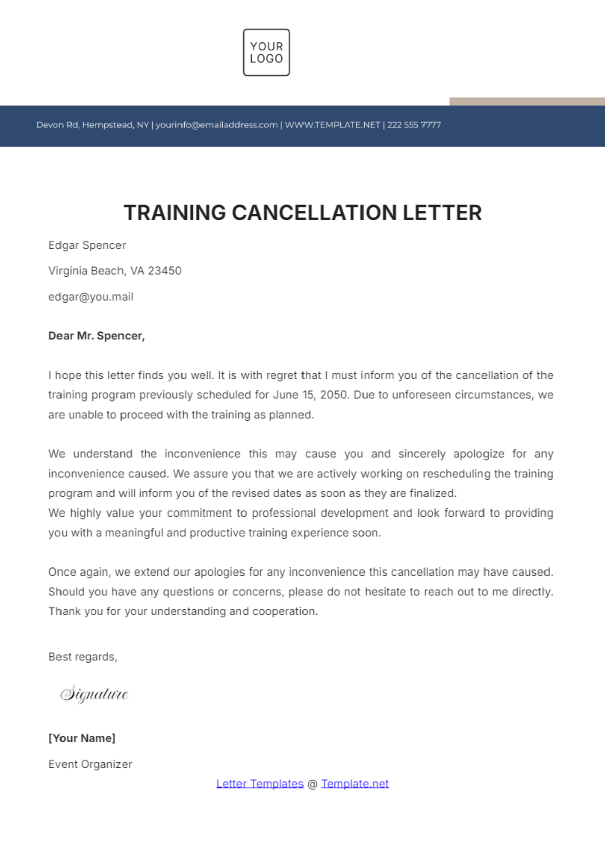 Training Cancellation Letter Template - Edit Online & Download