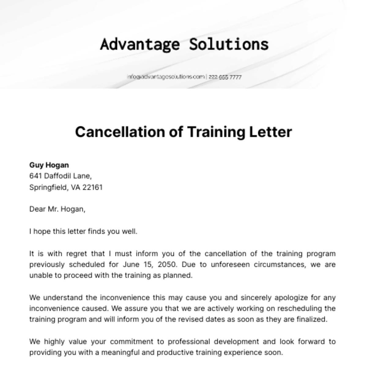 Free Cancellation of Training Letter Template