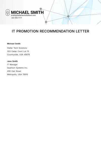 Free IT Promotion Recommendation Letter Template to Edit Online