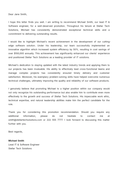 Free IT Promotion Recommendation Letter Template to Edit Online