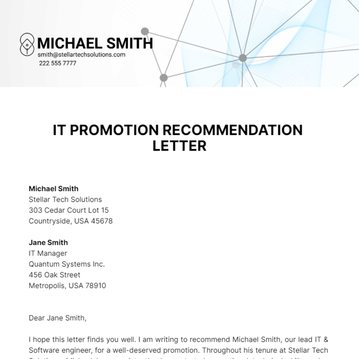 Free IT Promotion Recommendation Letter Template
