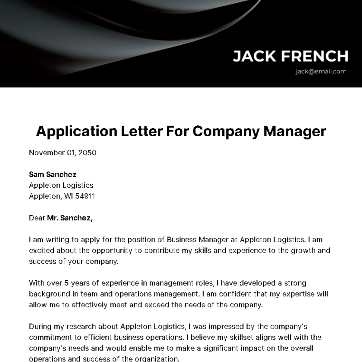 Application Letter for Company Manager Template