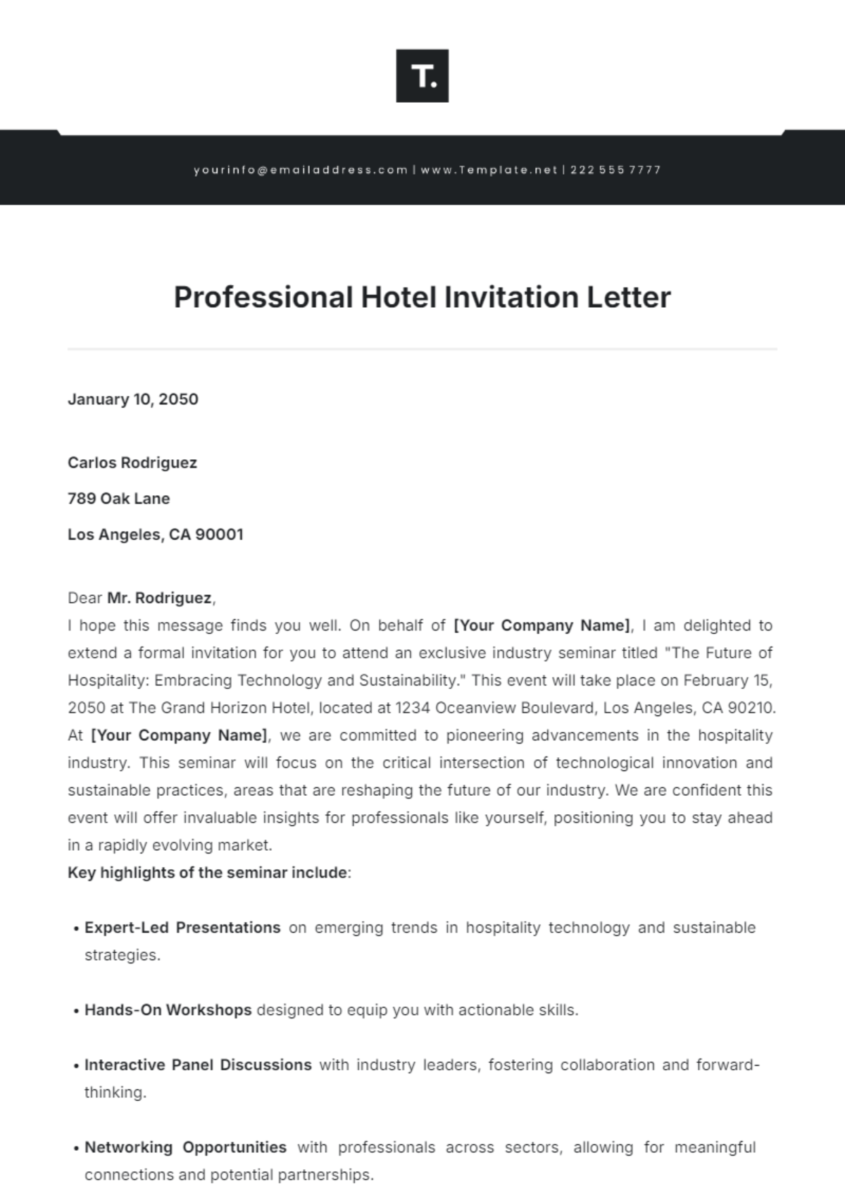 Professional Hotel Invitation Letter Template - Edit Online & Download