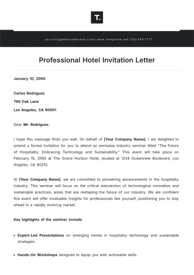 Free Professional Hotel Invitation Letter Template to Edit Online